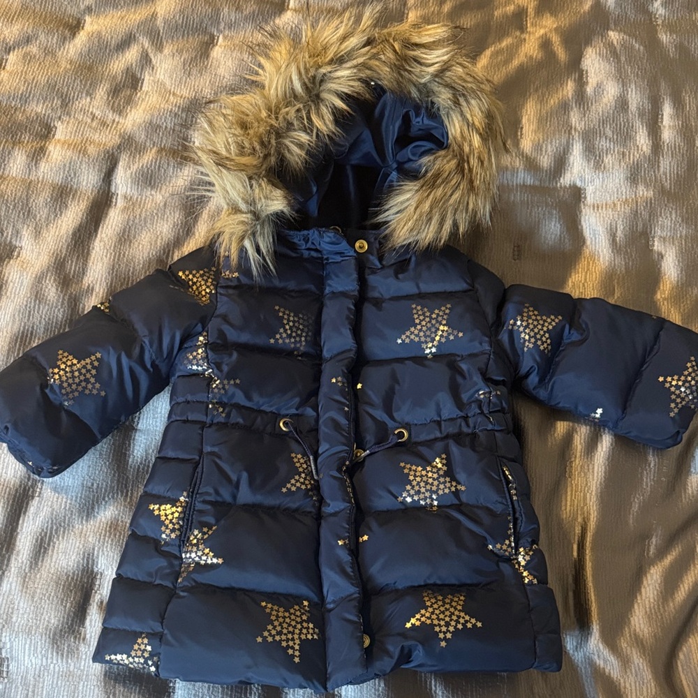 Baby Gap navy blue Puffer Jacket with Faux Fur detachable Hood